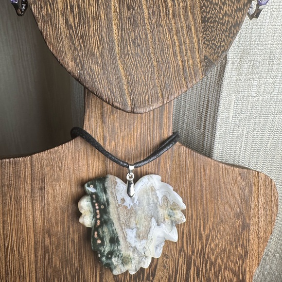 Ocean Jasper Leaf Pendant Necklace on Black Rope - Picture 2 of 10